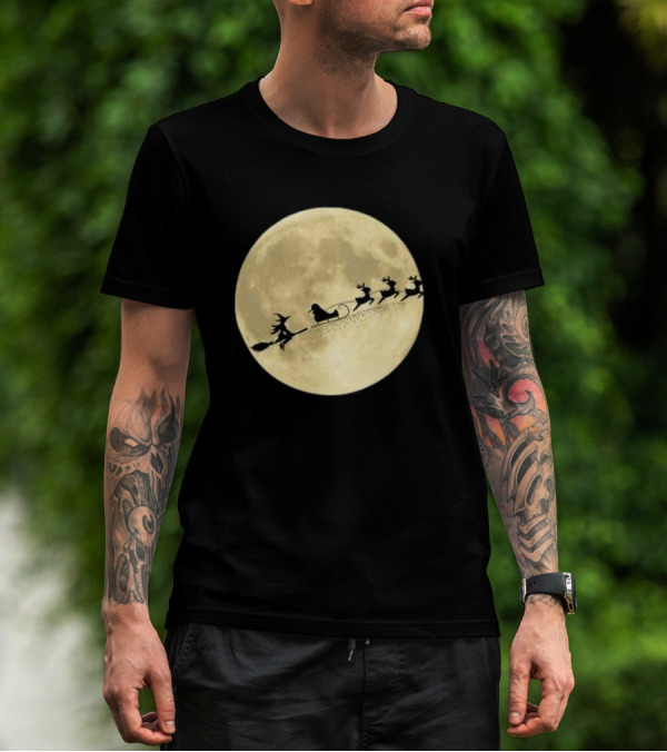 Witch Riding With Santa's Sleigh In Full Moon Christmas Scene T-Shirt