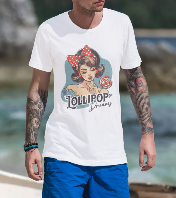 Lollipop Dreams Vintage Style Pinup Woman With Lollipop And Red Bow T-Shirt