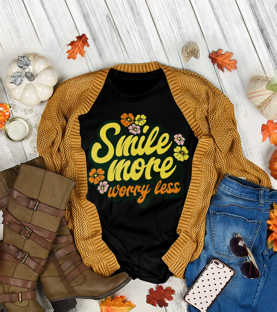 Smile More Worry Less Cute Groovy Flowers T-Shirt