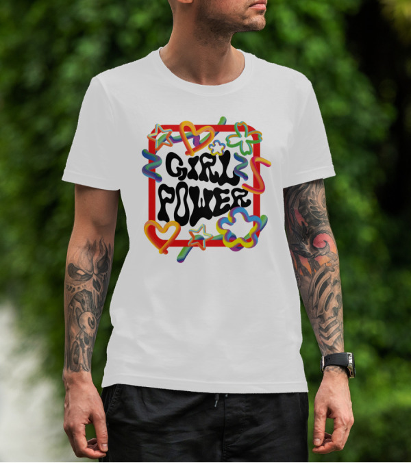 GIRL POWER Colorful Hearts Stars And Flowers T-Shirt