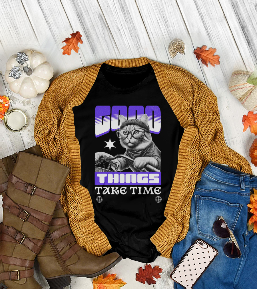Good Things Take Time Cat in Glasses with Bicycle T-Shirt