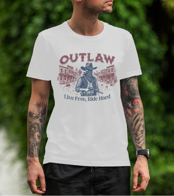 OUTLAW Live Free, Ride Hard Cowboy Western Scene T-Shirt