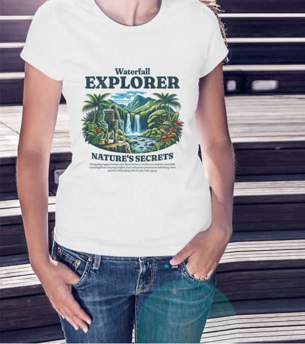 Waterfall Explorer Nature's Secrets Discover Majestic Flowing Heights Breathtaking Views T-Shirt