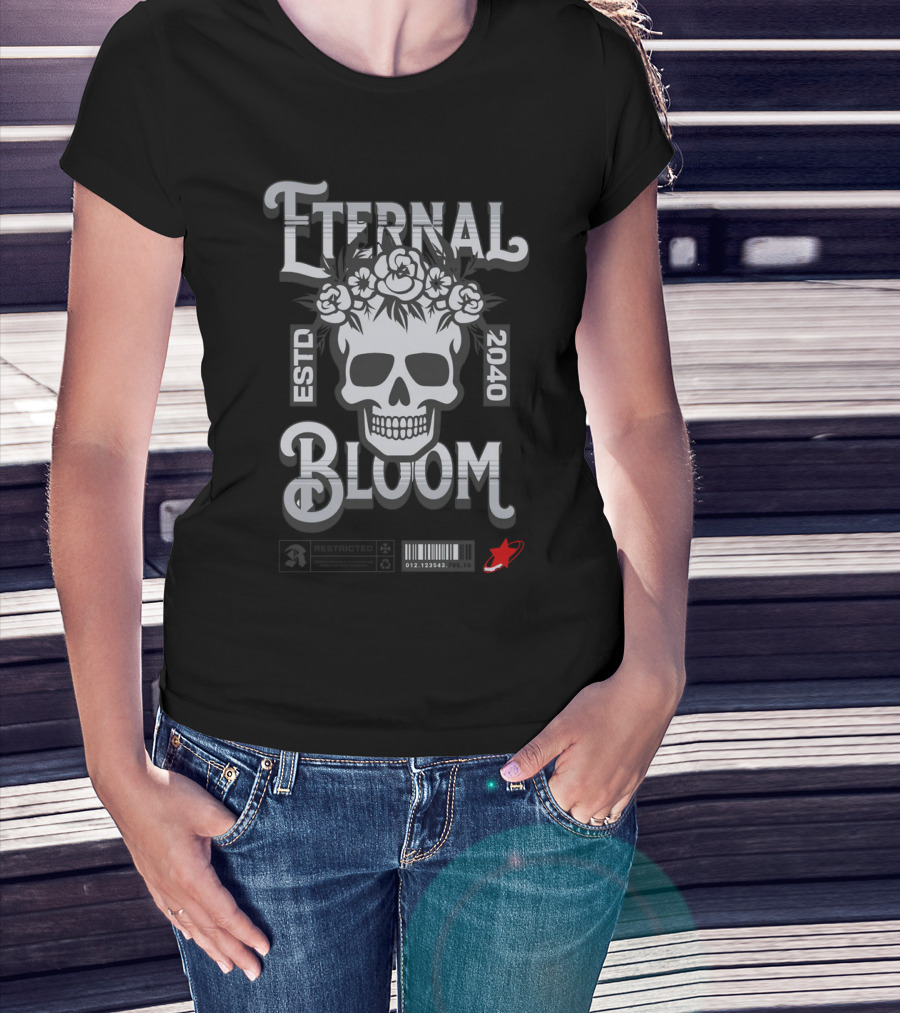 ETERNAL BLOOM ESTD 2040 Skull Roses Barcode Red Rocket T-Shirt