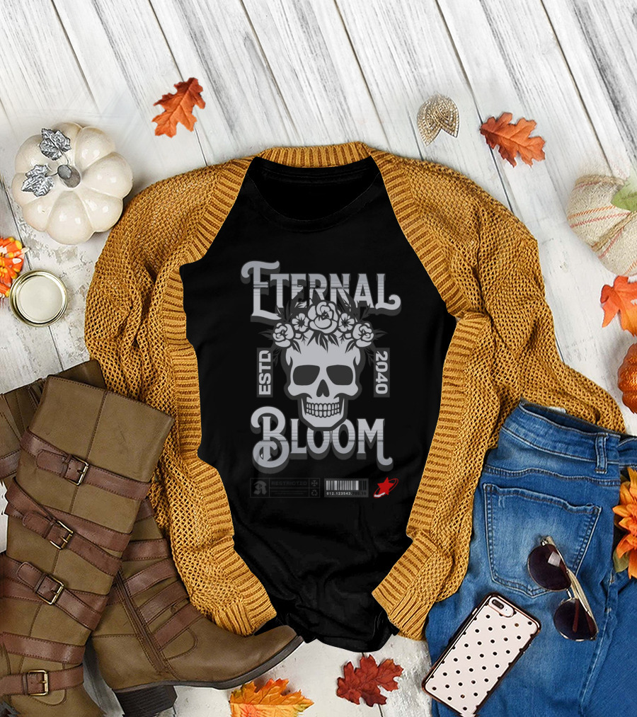ETERNAL BLOOM ESTD 2040 Skull Roses Barcode Red Rocket T-Shirt