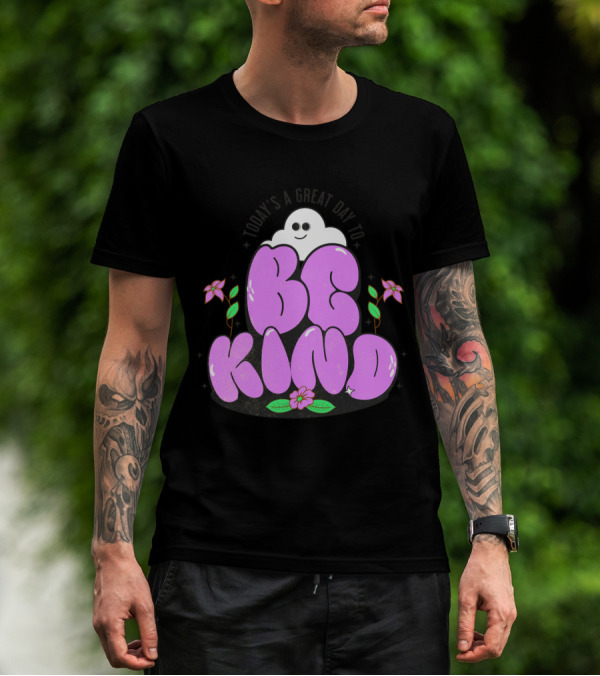 Be Kind Ghost With Flowers And Purple Text T-Shirt