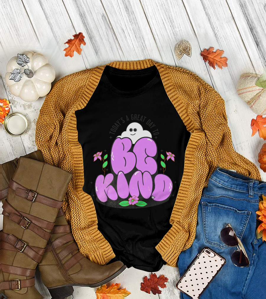 Be Kind Ghost with Flowers and Purple Text T-Shirt