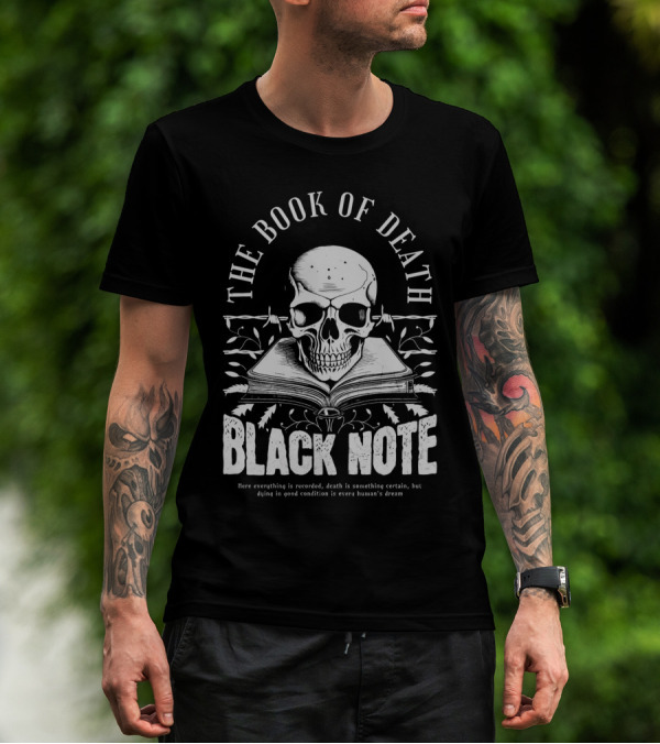 The Book Of Death Black Note Skull With Open Book T-Shirt
