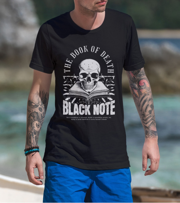 The Book Of Death Black Note Skull With Open Book T-Shirt
