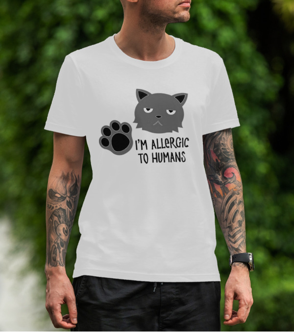 Cat I'm Allergic To Humans Shirt With Grumpy Feline Face And Paw Prints T-Shirt