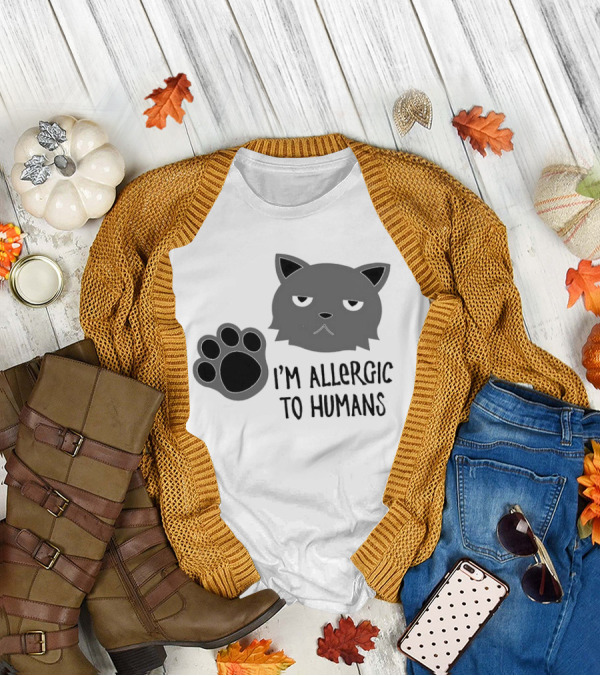 Cat I'm Allergic To Humans Shirt With Grumpy Feline Face And Paw Prints T-Shirt