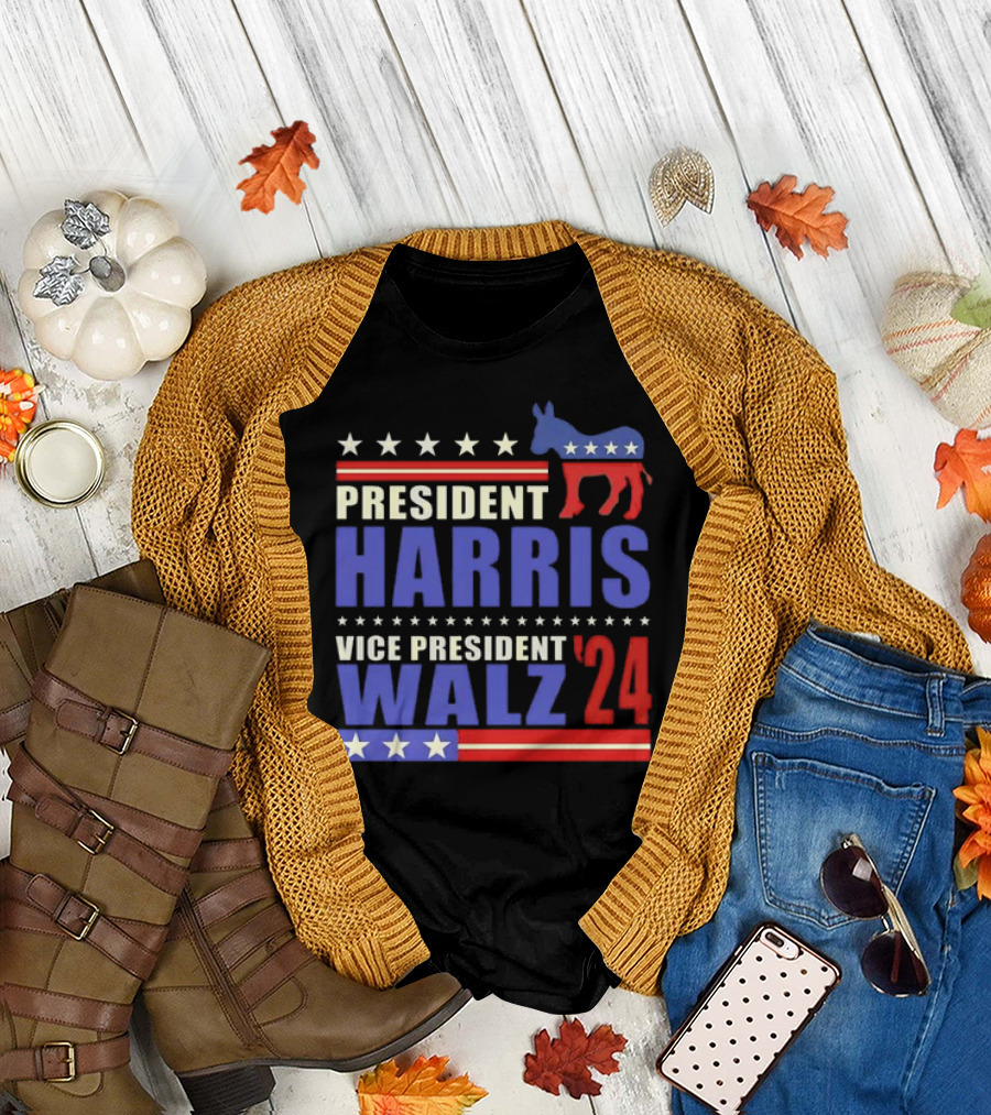 President Harris Vice President Walz 2024 Stars Stripes Democratic Donkey T-Shirt
