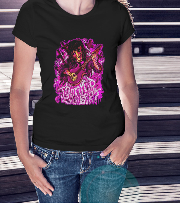 Zombie Johnnie Guilbert Playing Guitar With Pink Crosses And Skull T-Shirt