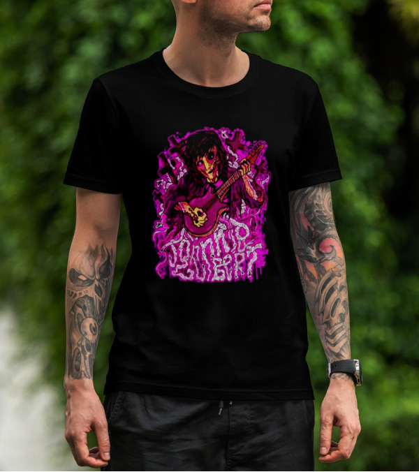 Zombie Johnnie Guilbert Playing Guitar With Pink Crosses And Skull T-Shirt