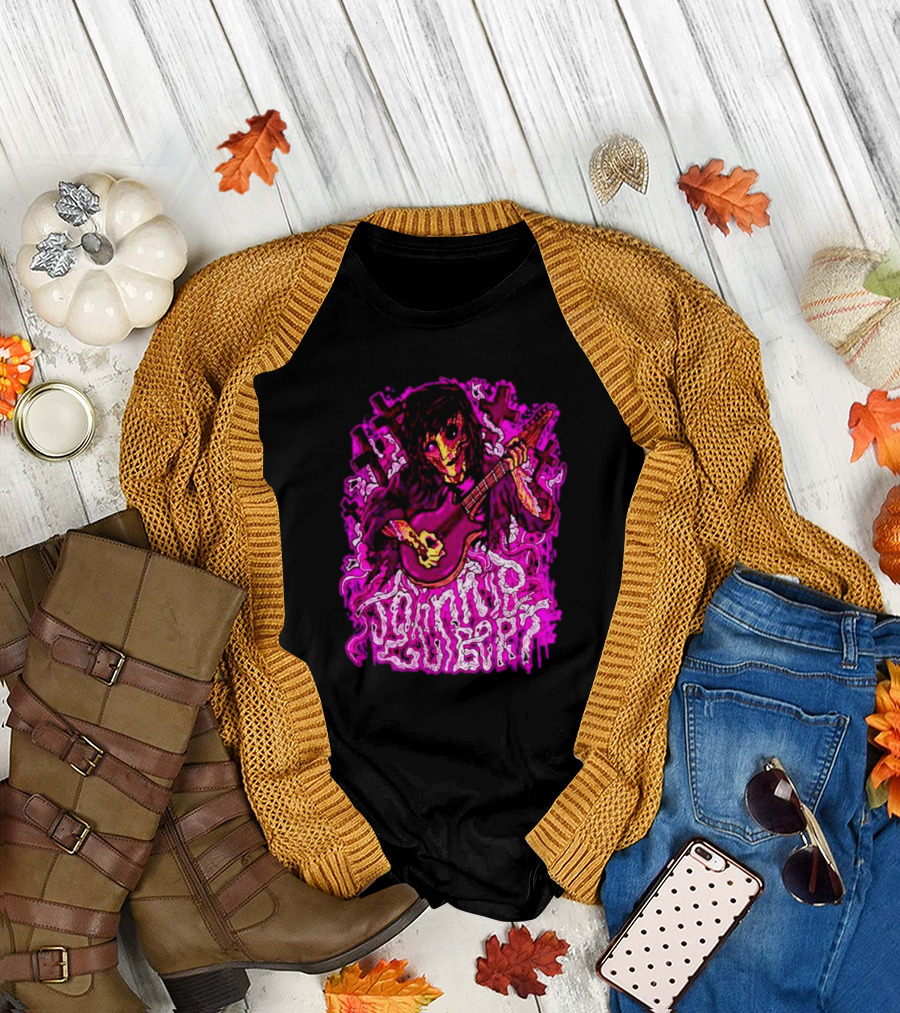 Zombie Johnnie Guilbert Playing Guitar with Pink Crosses and Skull T-Shirt