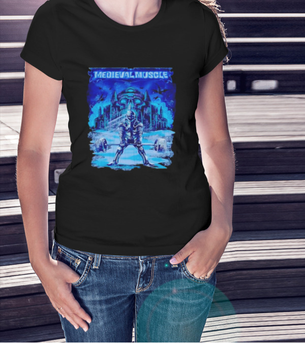 Medieval Muscle Knight Lifting Weights In Gothic Castle Scene T-Shirt