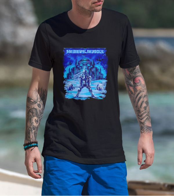 Medieval Muscle Knight Lifting Weights In Gothic Castle Scene T-Shirt