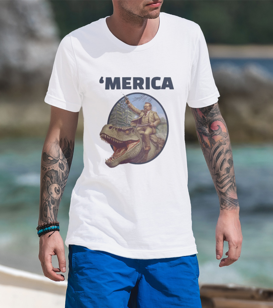 Macrodosing 'Merica Roosevelt Riding Dinosaur With Gun T-Shirt