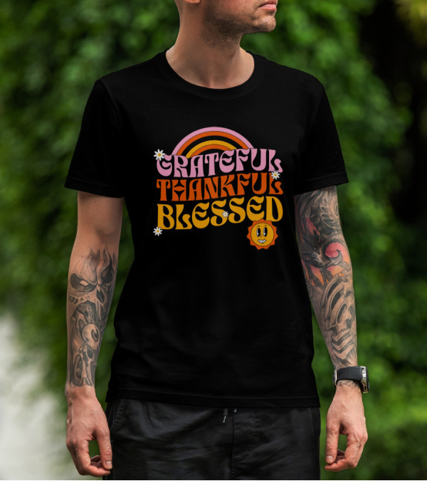 Grateful Thankful Blessed Retro Rainbow Sunflower Smiley Face T-Shirt