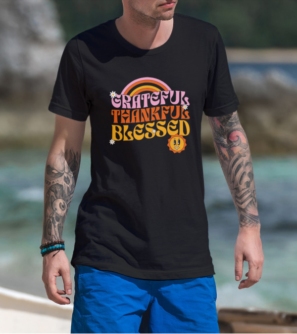 Grateful Thankful Blessed Retro Rainbow Sunflower Smiley Face T-Shirt