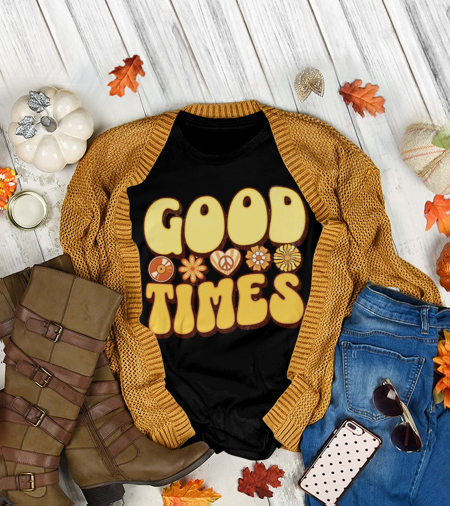 Good Times Retro Peace Flowers and Symbols T-Shirt