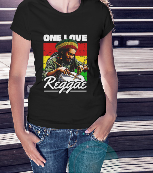 One Love Reggae Drummer With Rasta Colors T-Shirt