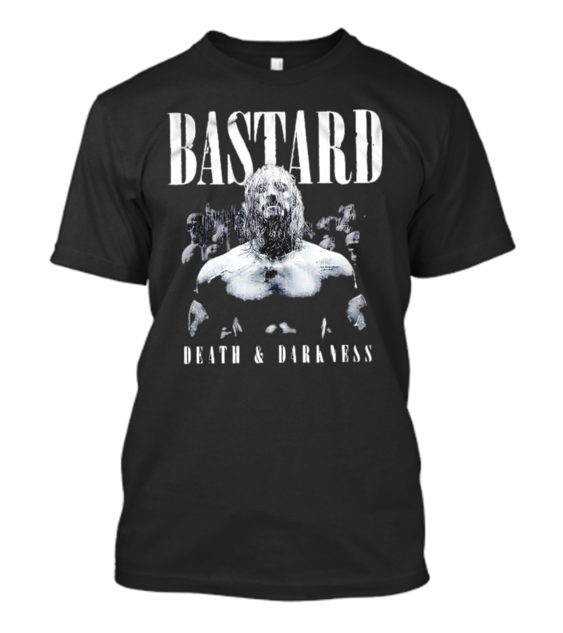 Bastard Death And Darkness Gritty Monochrome Warrior Surrounded By Shadowed Figures T-Shirt