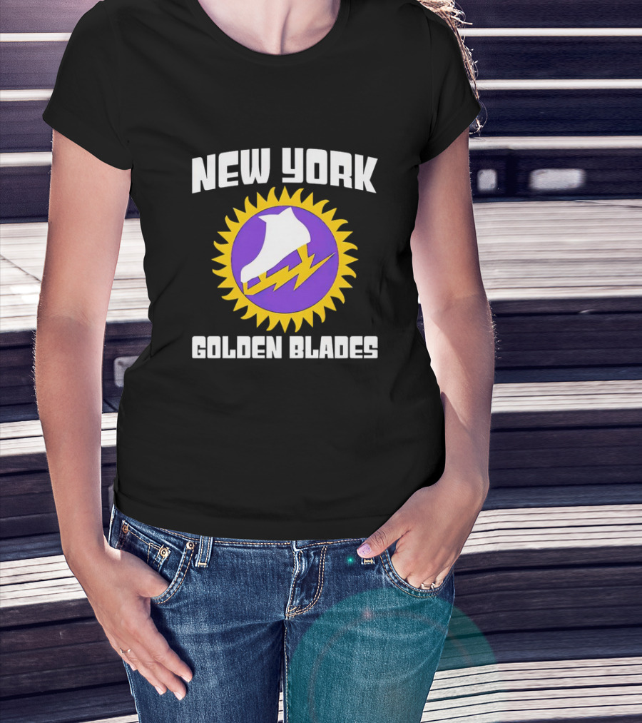 New York Golden Blades Ice Skate Logo With Purple And Gold Sunburst T-Shirt