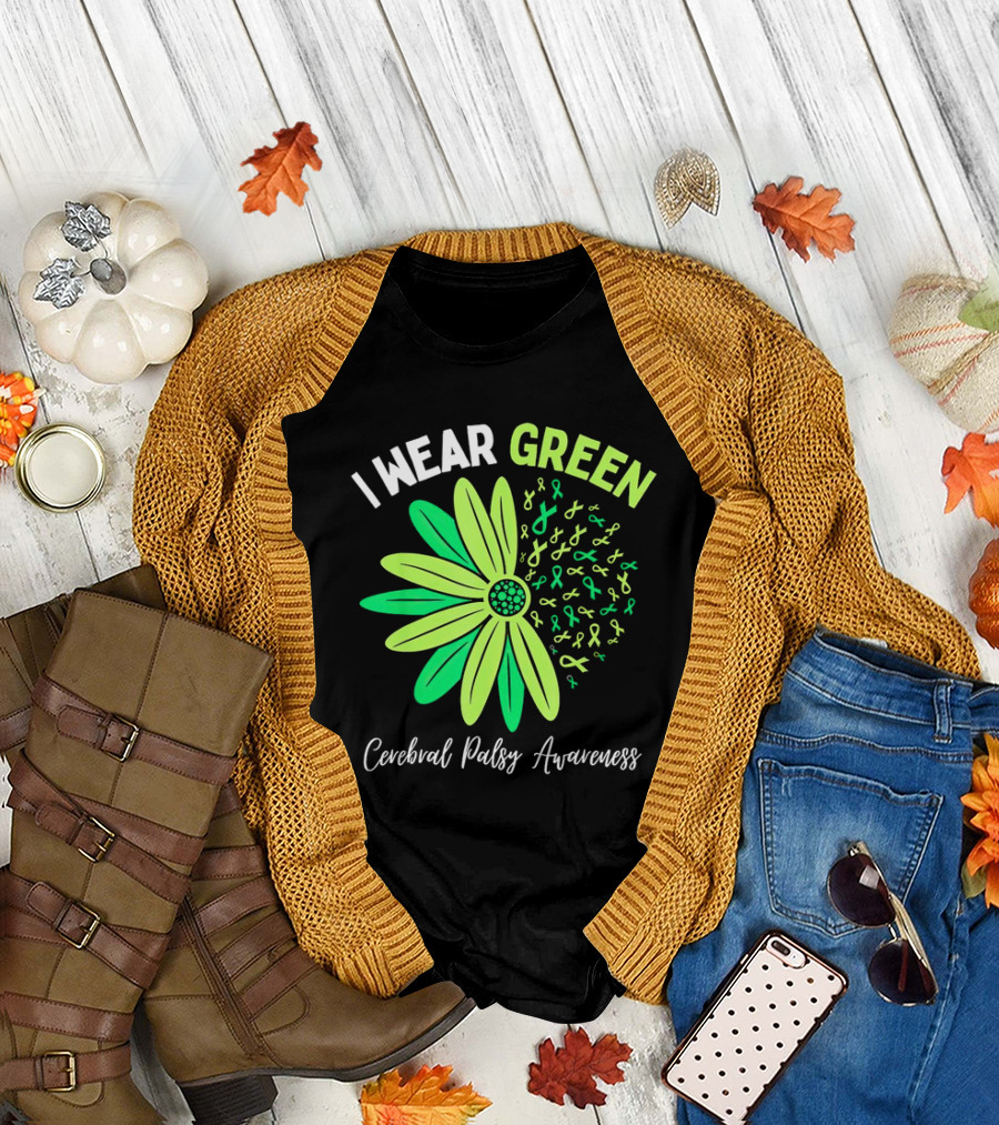 I Wear Green Cerebral Palsy Awareness Flower Ribbons T-Shirt