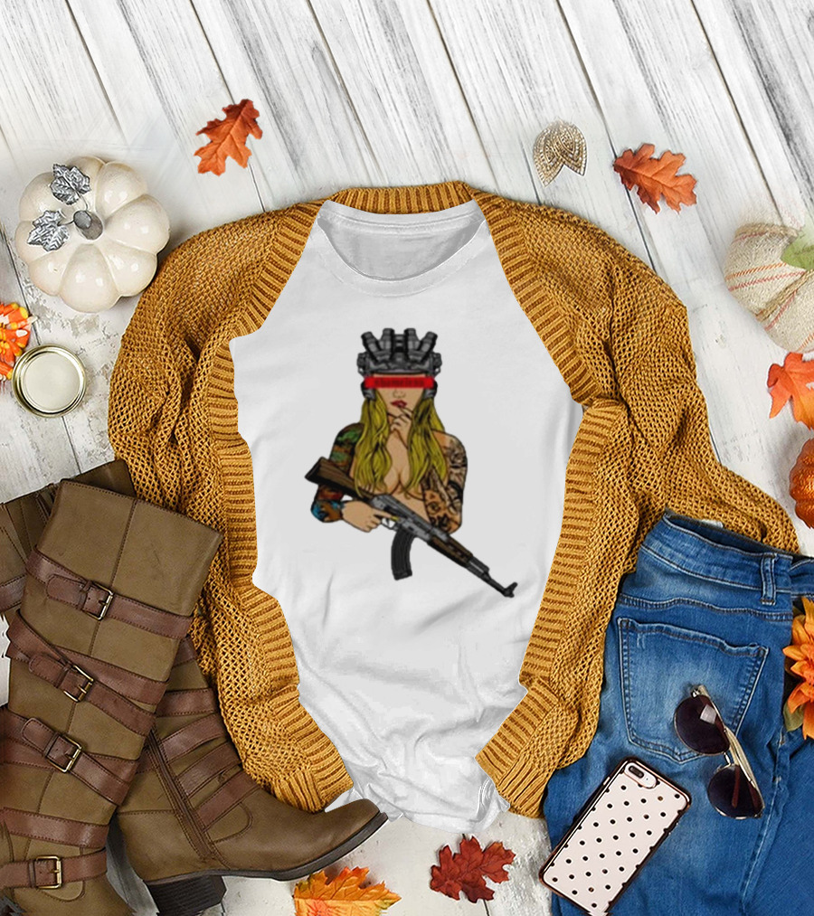 Shameless AK 2024 Futuristic Warrior with Tattoos and Rifle T-Shirt