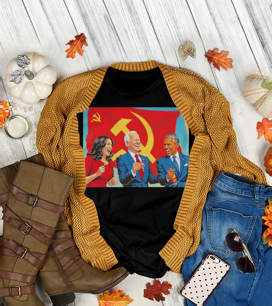 Harris Biden Obama Cartoon in Front of Communism Flag T-Shirt