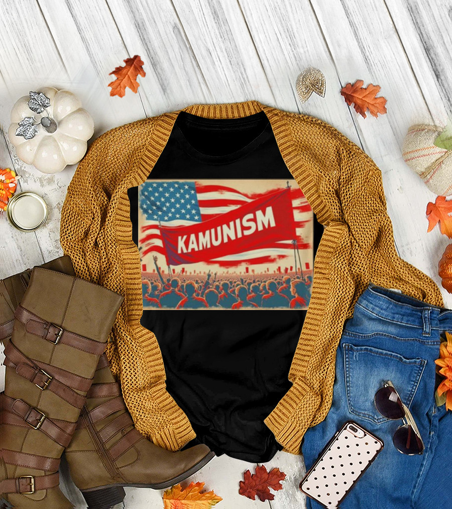 Kamunism Crowd Kamala Harris American Flag Red Banner Retro Propaganda T-Shirt