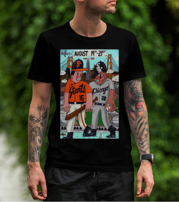 White Sox Vs Giants August 19-21 2024 Oracle Park San Francisco Featuring Cartoon Baseball Players Golden Gate Bridge Backdrop T-Shirt
