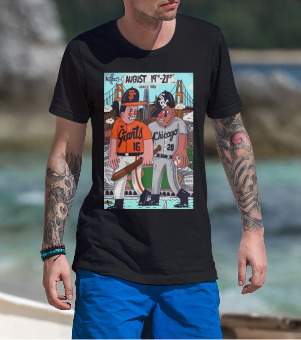 White Sox Vs Giants August 19-21 2024 Oracle Park San Francisco Featuring Cartoon Baseball Players Golden Gate Bridge Backdrop T-Shirt