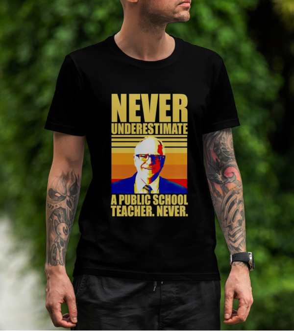 Never Underestimate A Public School Teacher Never Tim Walz Vintage Retro Stripes T-Shirt