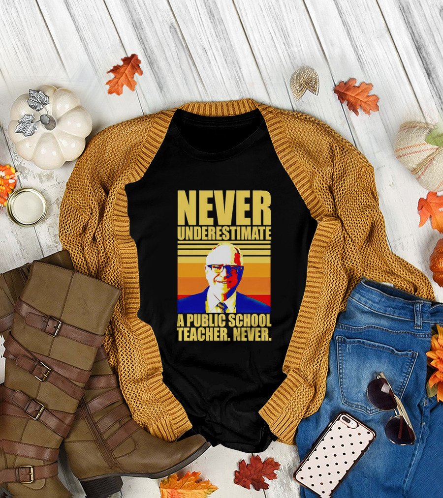 Never Underestimate a Public School Teacher Never Tim Walz Vintage Retro Stripes T-Shirt