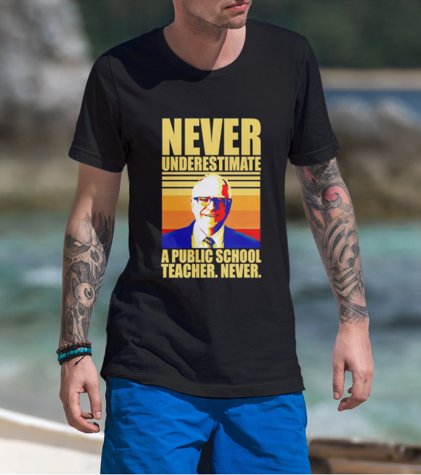 Never Underestimate A Public School Teacher Never Tim Walz Vintage Retro Stripes T-Shirt