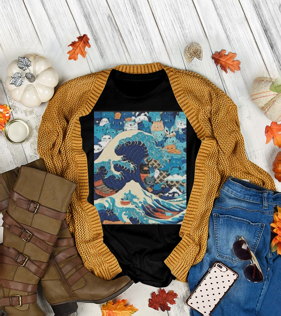 Blue Cats Wave For Kamala Funny President Cat Lady Kam47a Ocean Wave Cats T-Shirt