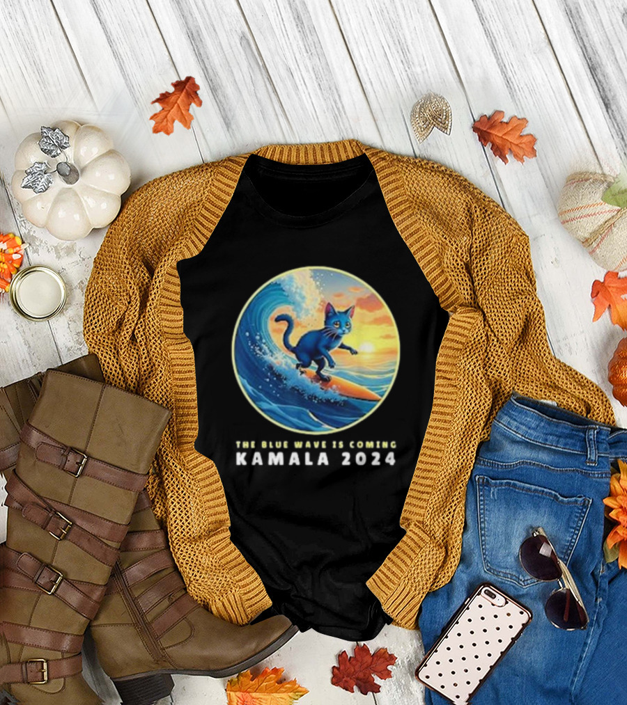The Blue Wave Is Coming Cat Surfing Kamala T-Shirt