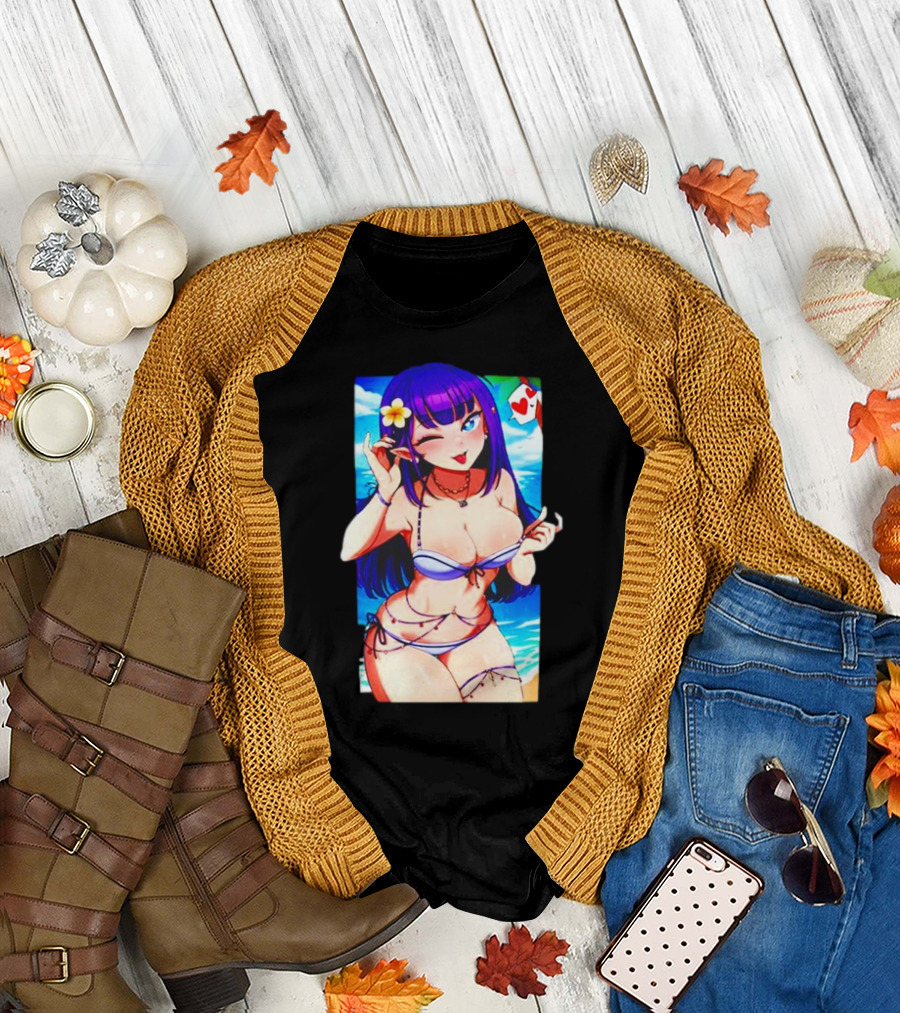 Hot Waifu Chika Fujiwara V2 Beach Anime Girl Winking Playing Card Flower Bikini T-Shirt