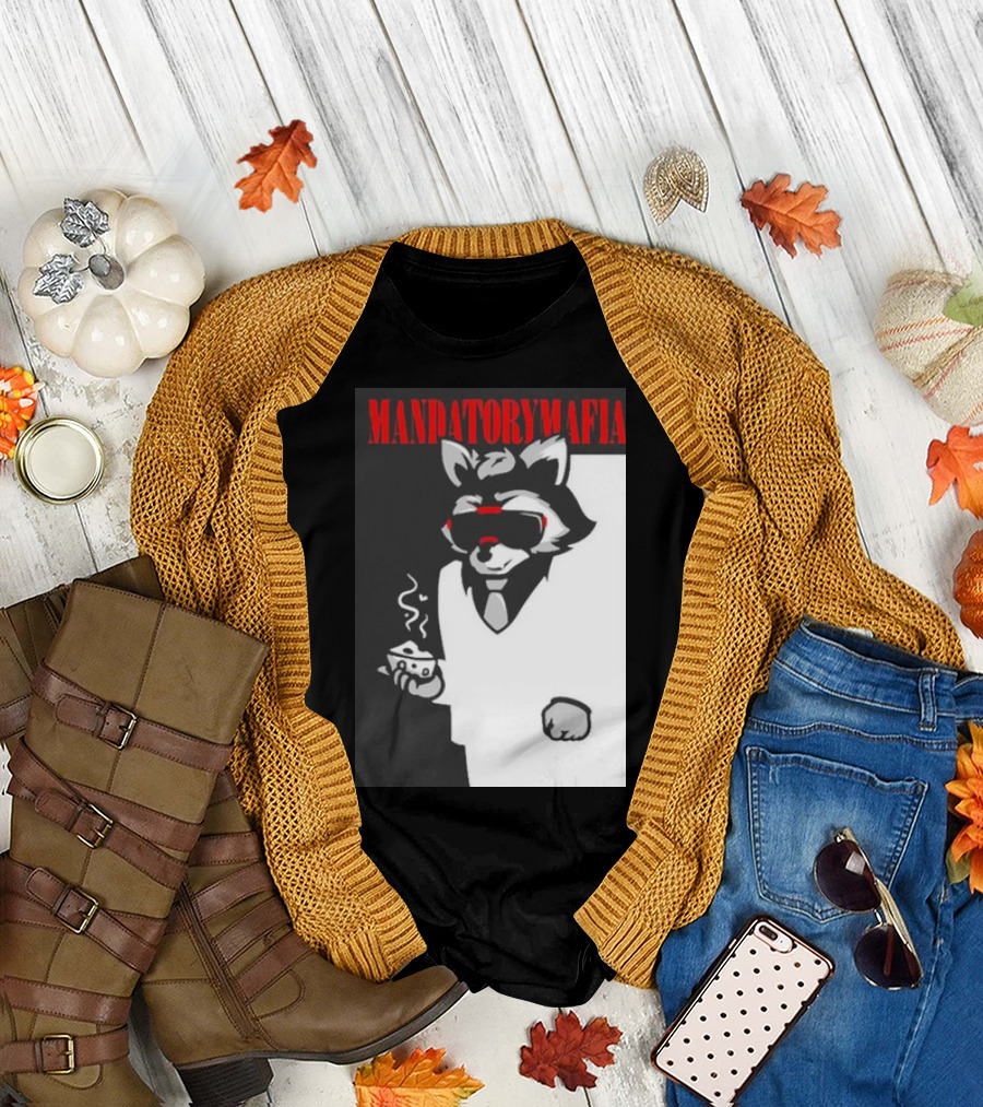 MANDATORY MAFIA RACCOON WITH COFFEE IN SUIT AND SUNGLASSES T-Shirt