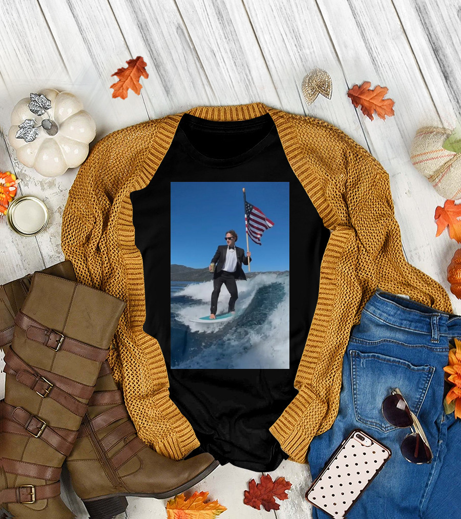 Mark Zuckerberg Surfs in Tux Holding US Flag for Happy Birthday America Message T-Shirt