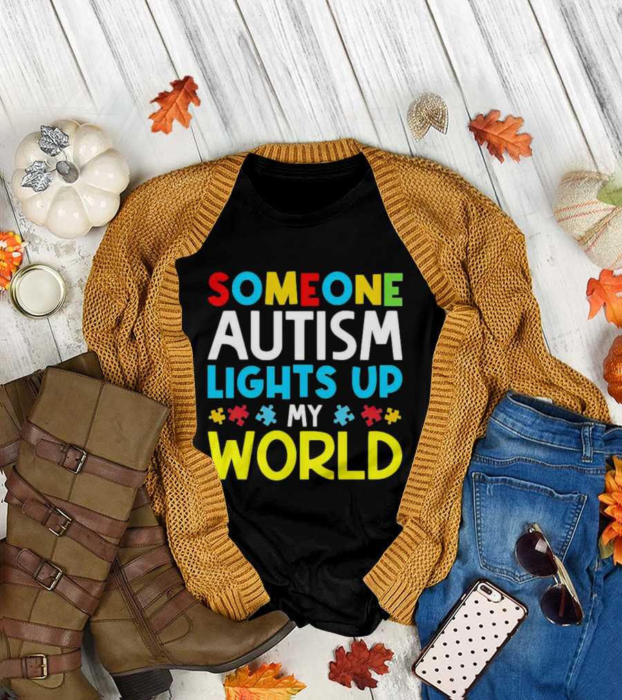 Someone Autism Awareness Lights Up My World Puzzle Pieces T-Shirt