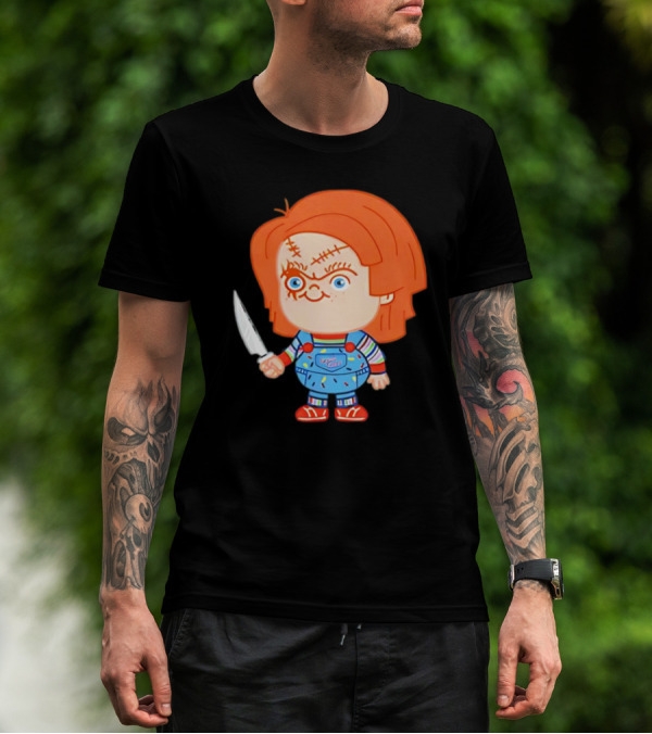 Chucky Evil Doll With Knife In Striped Lovely Overalls T-Shirt