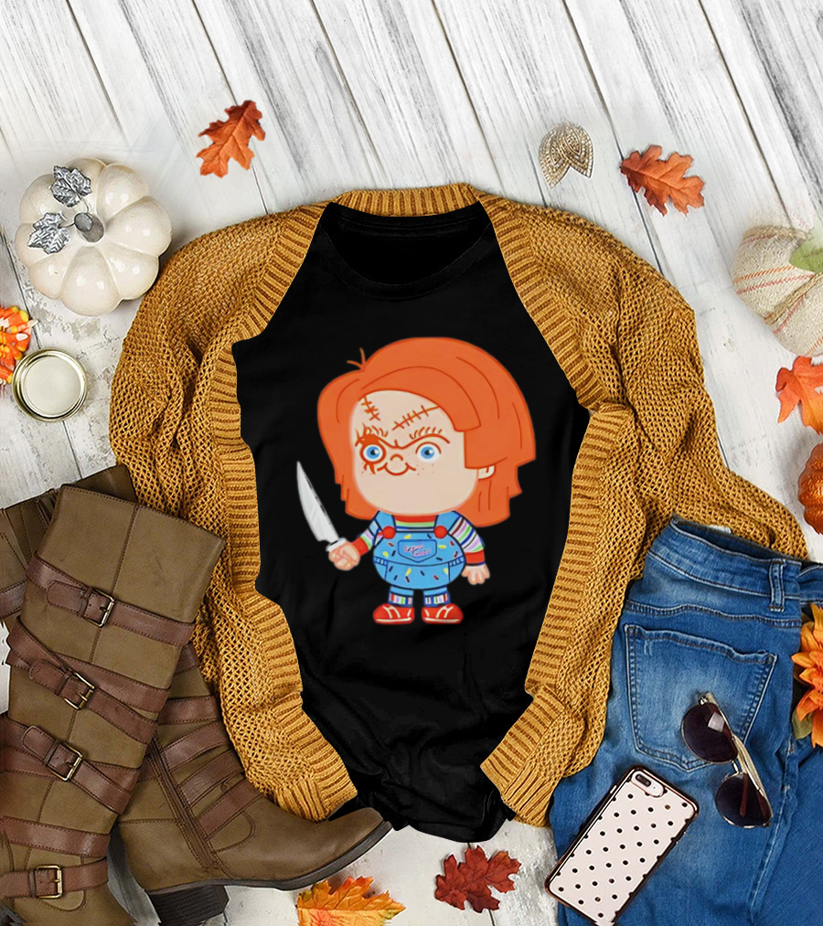 Chucky Evil Doll with Knife in Striped Lovely Overalls T-Shirt