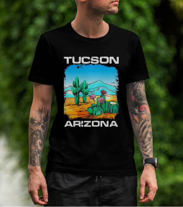 Tucson Arizona Retro Desert Scene With Cactus And Mountains T-Shirt