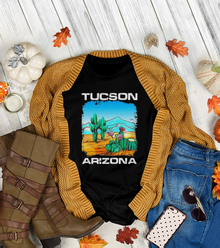 Tucson Arizona Retro Desert Scene with Cactus and Mountains T-Shirt