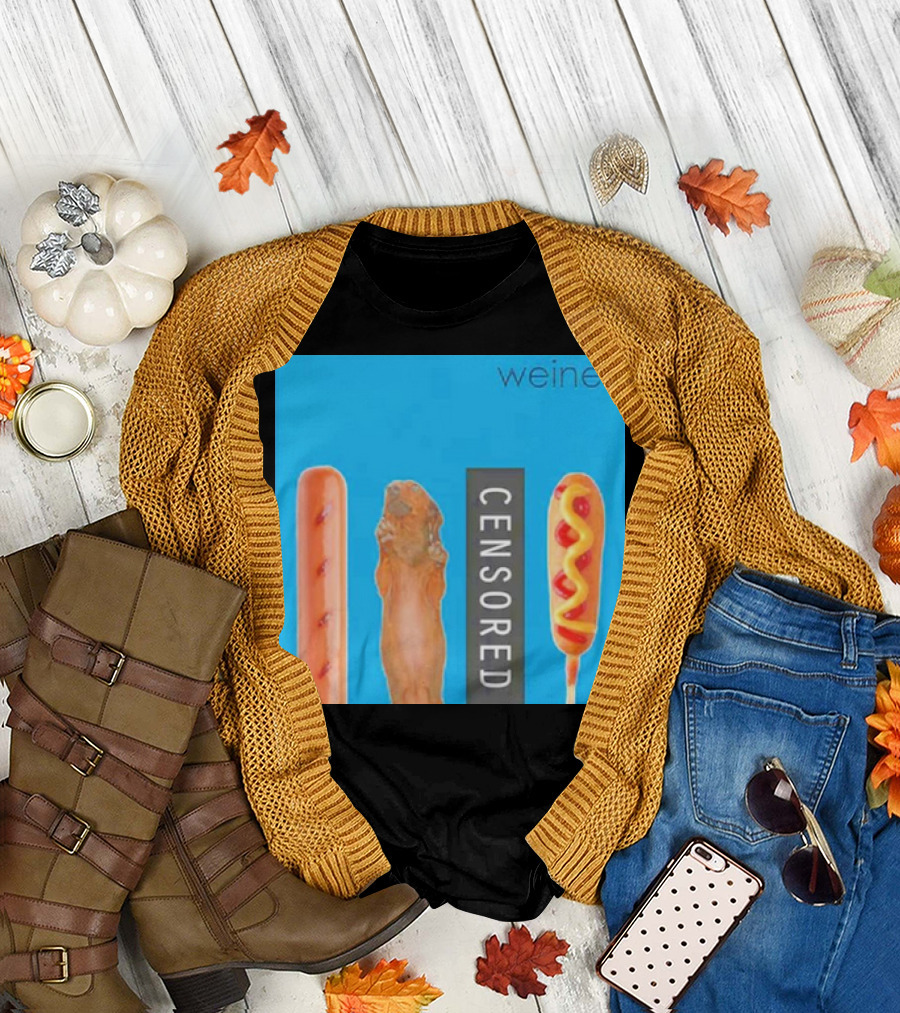 Weiner Hotdog Censored Humor Blue Background T-Shirt