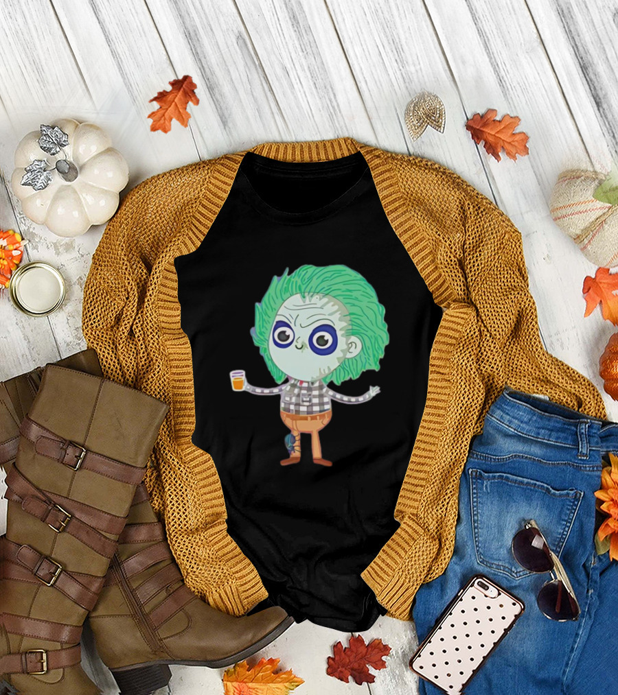 Beetlejuice Ghost Exorcist Cartoon Character with Drink T-Shirt