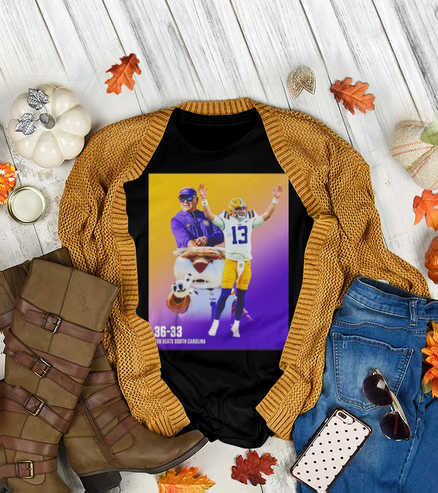 36-33 LSU Tigers Victory Over South Carolina with Coach and Player Celebrations T-Shirt